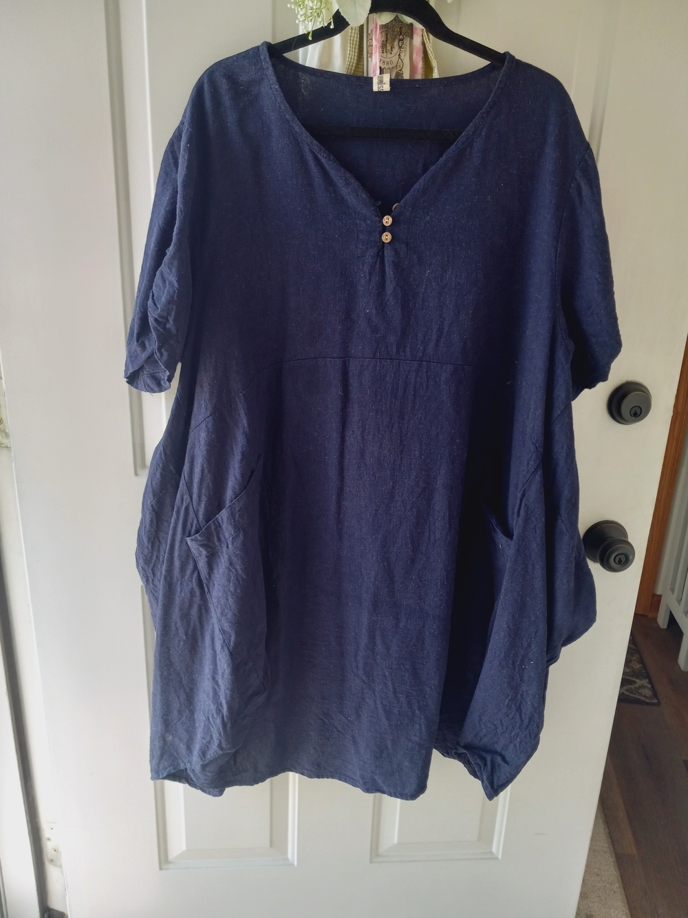 Navy Linen Sweet Button-Front DRESS - Picture 3 of 6